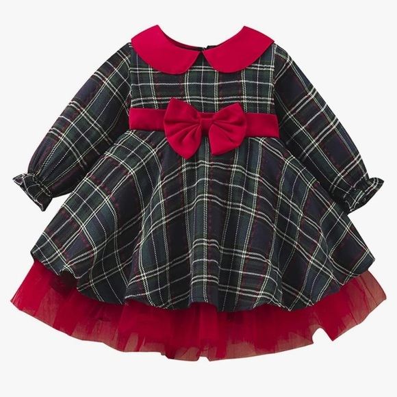 Plaid Dress with Red Bow and Tulle - Picture 1 of 3